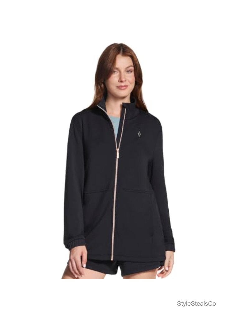 Full Zip Mock Neck Tunic Jacket With Bungee Waist